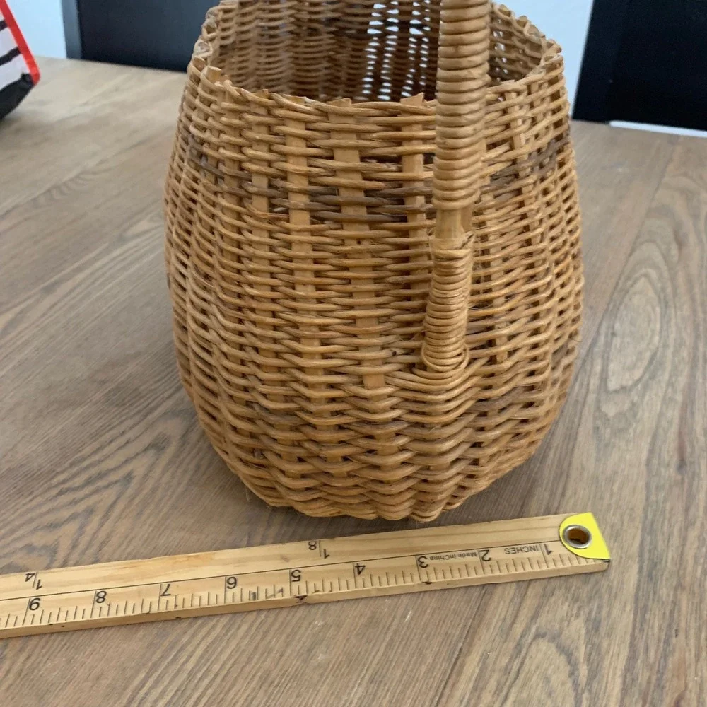 Vintage Hand Woven Wicker Basket with High Arch Handle Natural Brown Oval Rustic